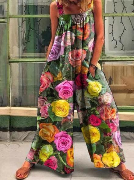 Vintage Print Loose Suspenders Wide-Leg Jumpsuit Ins Street