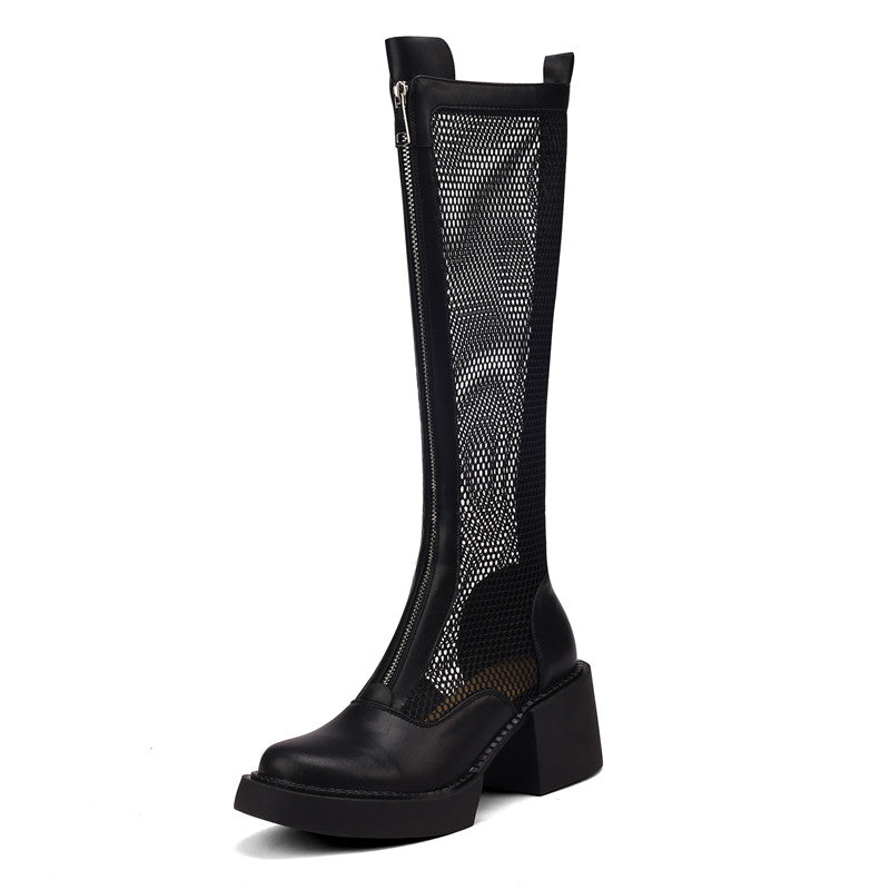 Evie, schwarze kniehohe Stiefel aus Netzstoff mit Absatz