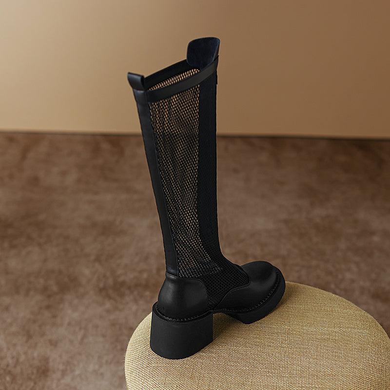 Evie, schwarze kniehohe Stiefel aus Netzstoff mit Absatz
