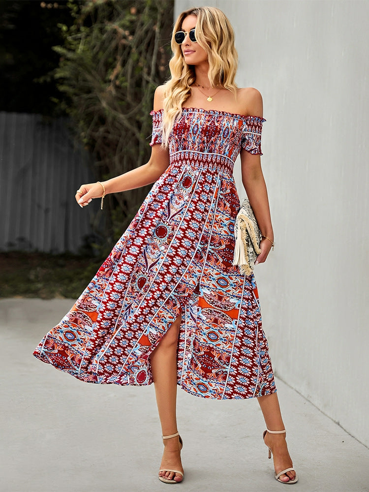 Modisches One-Shoulder-Kleid im Bohemian-Print