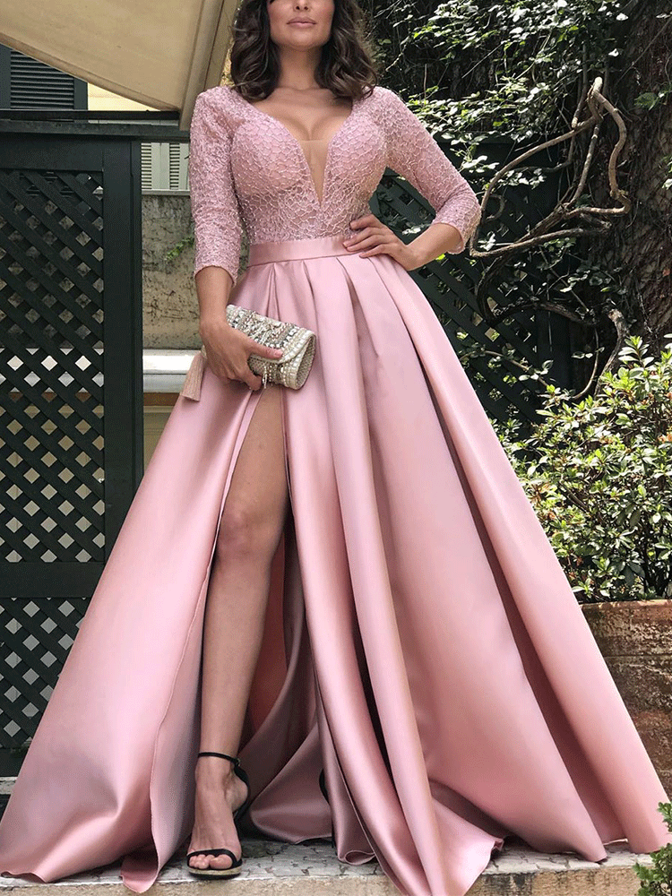 Maxikleid mit V-Ausschnitt, hohem Schlitz und Pailletten
